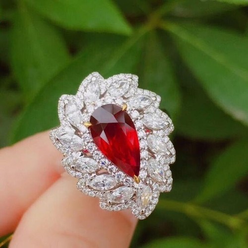 Classic Teardrop Design Simulated 5.22TCW Red Ruby & White Sapphire Wedding Ring - Picture 2 of 6