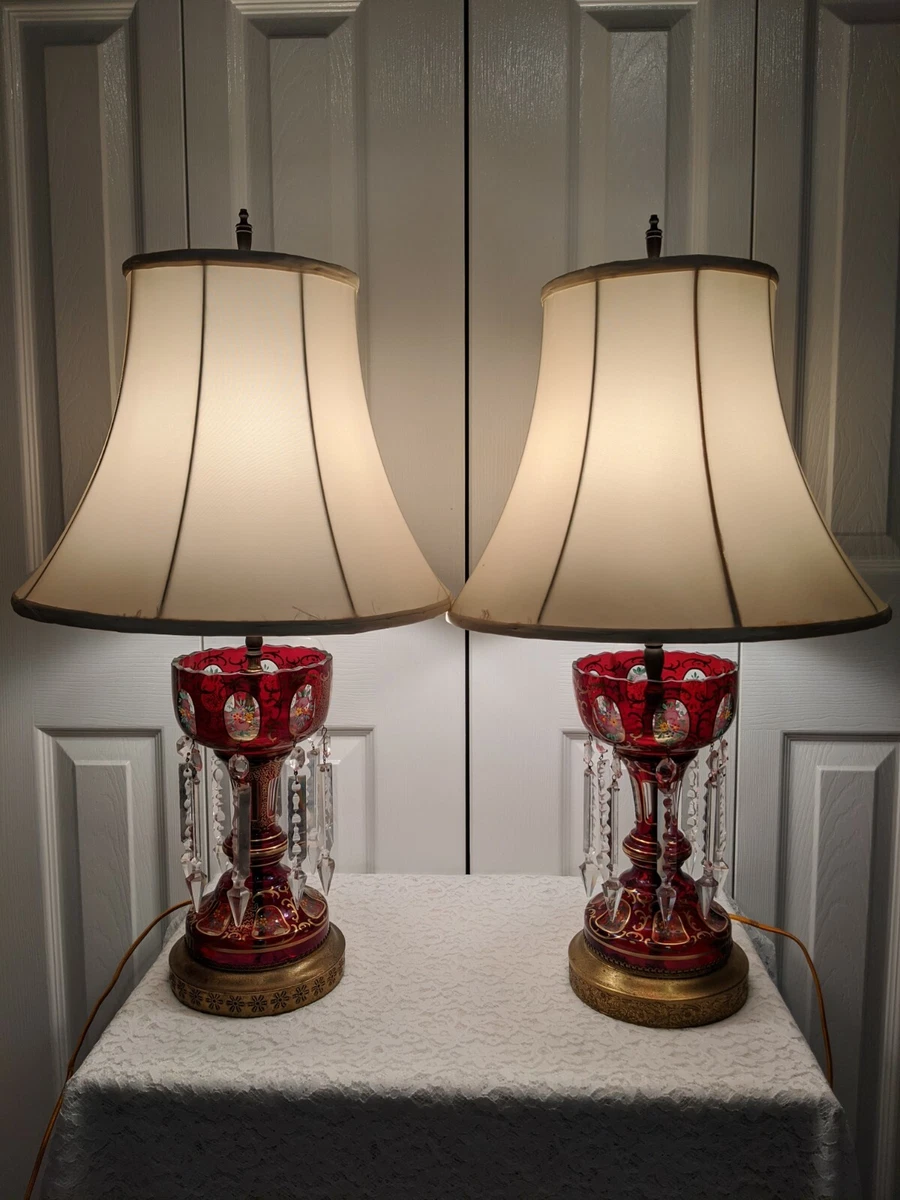 Antique Ruby Glass Mantle Lustres Cut To Clear Painted Lamps