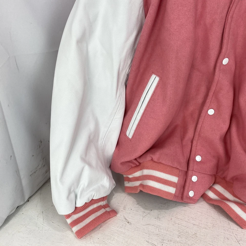 Chaqueta Bomber Universitaria Stewart & Strauss Rosa Lana Cuero Blanco Letterman. 2XL Foto 3 de 4