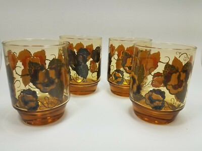Tumblers Harvest Gold Amber Pansy Signed Wm James Vintage Short  4 1/2 x 3 1/4 
