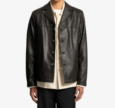 SEFR Jacket Mens Small Coffee Brown Button Up Faux Leather FRANCIS