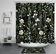 Botanical Green Leaf Wildflower Black Shower Curtain Bathroom Accessories Set