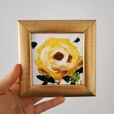 Yellow Rose Painting Original Artwork Floral Art Impasto Oil Painting 3D Art 4x4