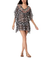 Miken Juniors' Printed Embroidered V-Back Ruffled Tunic Cover-Up Black/White XS