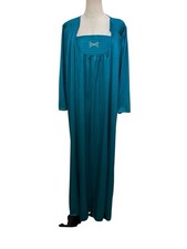 Vtg 70s 80s Teal Blue Nightgown Robe Set Nylon Bow Sz M Romantic Lingerie