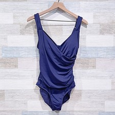 Jantzen Ruched Surplice One Piece Swimsuit Navy Blue Padded Faux Wrap Womens 10
