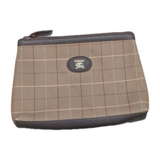 Vintage Burberry Canvas Leather Clutch Bag Brown Plaid Retro Zip Pouch