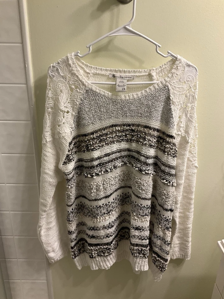 American Rag White Crochet Sweater Women’s Size 2XL White Stripe Lace - Image 3 of 4