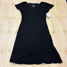 Vintage S.L. Dress Womens 12 Black Short Sleeve Asym Hem Sheath Knee Length