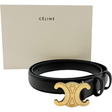 Authentic CELINE Triomphe Buckle 80 Belt Black Leather 36637180