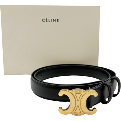 Authentic CELINE Triomphe Buckle 80 Belt Black Leather #36637180