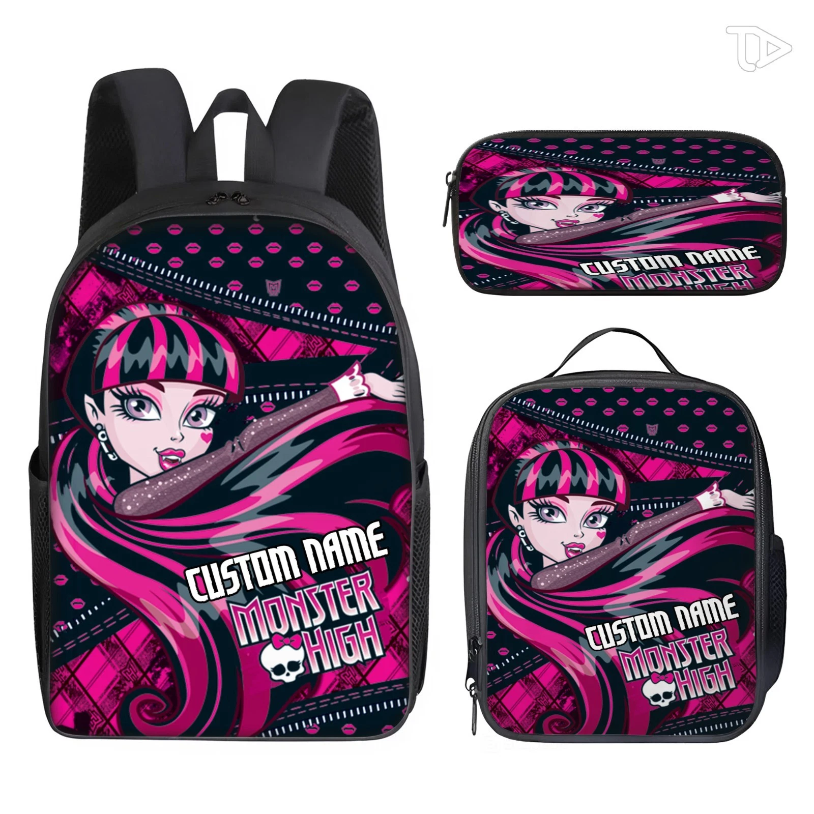 Custom Pink Vampire Girl Backpack, Lunch Bag and Pencil Case Set