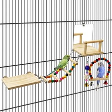 Bird Perch Platform with Mirror, Wooden Climbing Ladder for Parakeet, Small B...