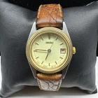 VTG Seiko Watch Women 23mm Silver Gold Two Tone Date 7N82-0399 (Leather Band)