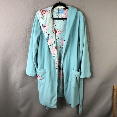 Nick & Nora Robe Womens S/M Blue Fleece Hooded Elephant Print Holiday Winter