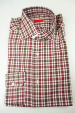 Isaia Napoli Cherry Cedar White Plaid Long Sleeve Cotton Shirt 15.5/39 NEW