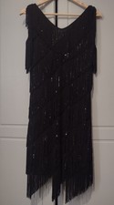 Stella Morgan Black Sequin Fringe Dress Size 8 Flapper Disco