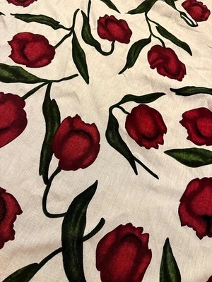 100% Flax Linen Fabric Red Green Floral Print 56" Wide Sold By the Yard - Image 1 of 4