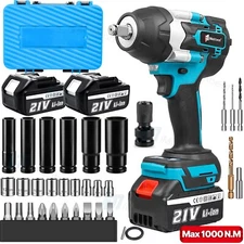 1000Nm Electric Cordless Impact Wrench 1/2'' High Power Driver with 2 Battery