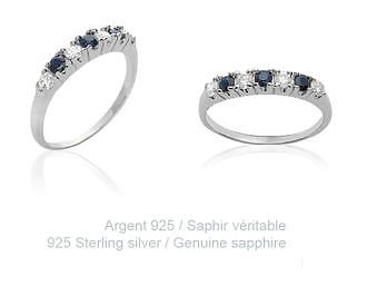 Alliance T60 en argent 925 rhodié demi-rail saphir et diamant Cz Dolly-Bijoux