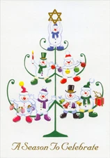 Tree Shaped Stand with Snowmen Christmas and Hanukkah Ornaments Interfaith Card
