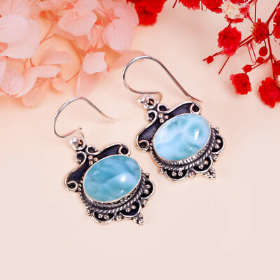 Natural Blue Larimar Gemstone Earring 925 Sterling  Silver Handmade Jewelry.
