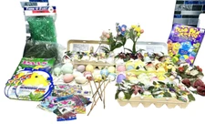 HUGE VTG LOT 5 DOZEN EASTER EGGS REAL DECORATED PLASTIC WRAPS GRASS FLOWERS
