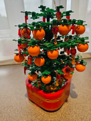 Musikalisch beleuchteter rotierender glücklicher chinesischer Orangenbaum Mini-Ziegelbausteine