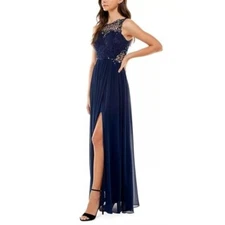 City Studio Bright Navy Embellished Illusion Tulip Maxi Formal Gown 7