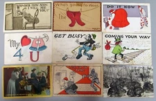 LOT (9) ANTIQUE PRE 1920s COMIC, HUMOROUS, CARTOON POSTCARDS, CONDITION AS SHOWN