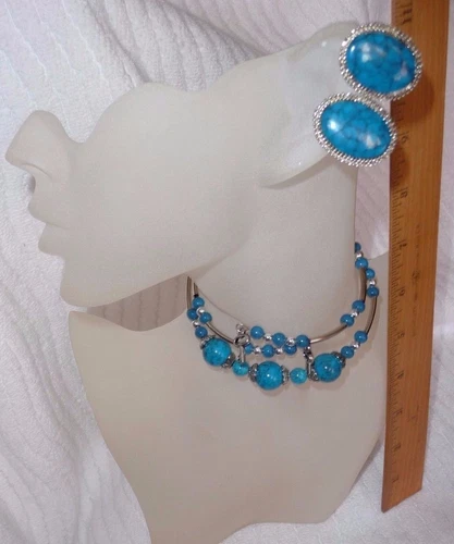 Jewelry - Turquoise Stone Memory Wire Beaded Necklace/Bracelet + Earrings Set