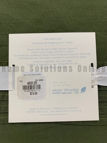 Pottery Barn Kids Enzyme Washed Percale Duvet Cover Olive Green Twin #A1342 - Picture 4 of 5
