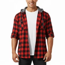 Men's Quilted Flannel Shirt Jacket - Hooded Thermal Plaid Button-Up for Outdoor