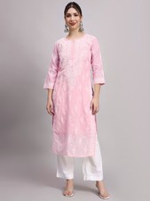 Women  s Baby Pink Chikankari Kurti Embroidered Cotton Ethnic Kurta with Camisole