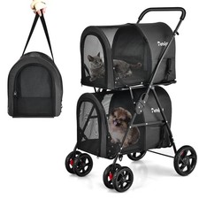 4-in-1 Double Pet Stroller w/ Detachable Carrier Travel Carriage for Cats Black