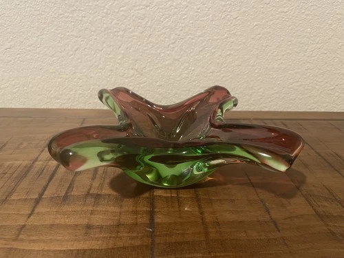 Vintage Murano Sommerso Cranberry & Green Glass Ashtray / Trinket Dish 1950’s