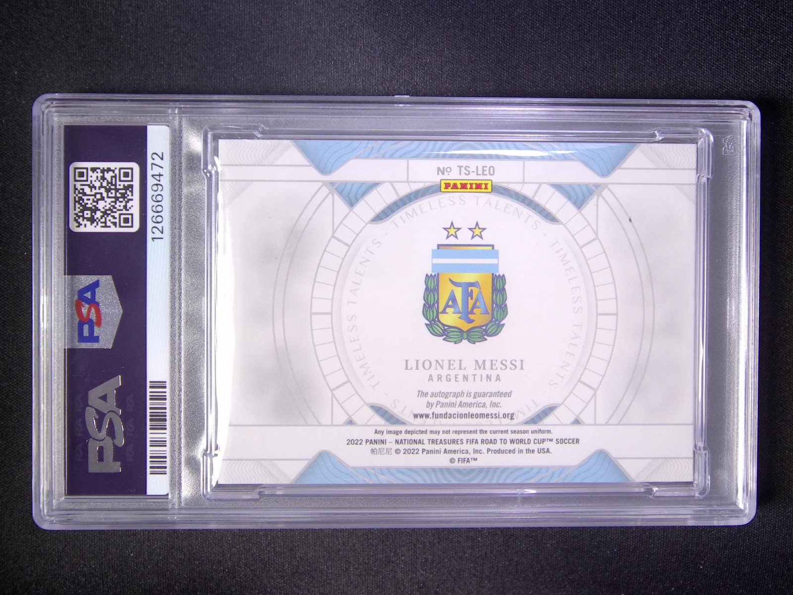 2022 National Treasures World Cup Lionel Messi Timeless Talents Auto /99 PSA 9 view 2