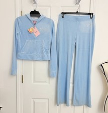 New Juicy Couture Frosted Blue Velour Rhinestone Tracksuit Set Size Large