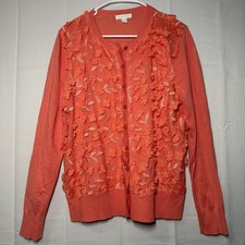 Charter Club Floral Applique Cardigan L Coral 3D Flower Sweater