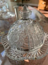 EAPG  Covered Butter Dish Clear Glass Hobstar Cheese Dome Dish