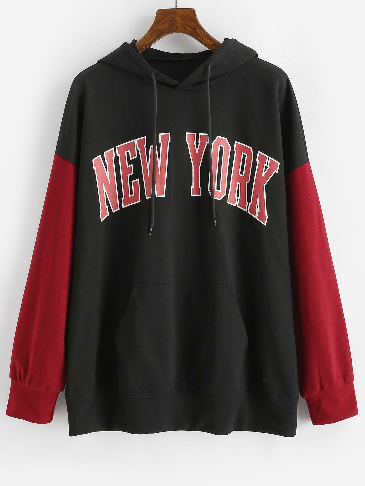 Zaful Front Pocket Graphic Colorblock Hoodie Black/Red New York Size Small  US 4