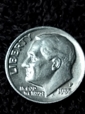 1985 P Philadelphia U.S. Roosevelt Dime misaligned die strike