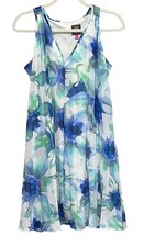 Vince Camuto Blue Floral Pleated Sleeveless V-Neck Shift Dress Womens Size 2