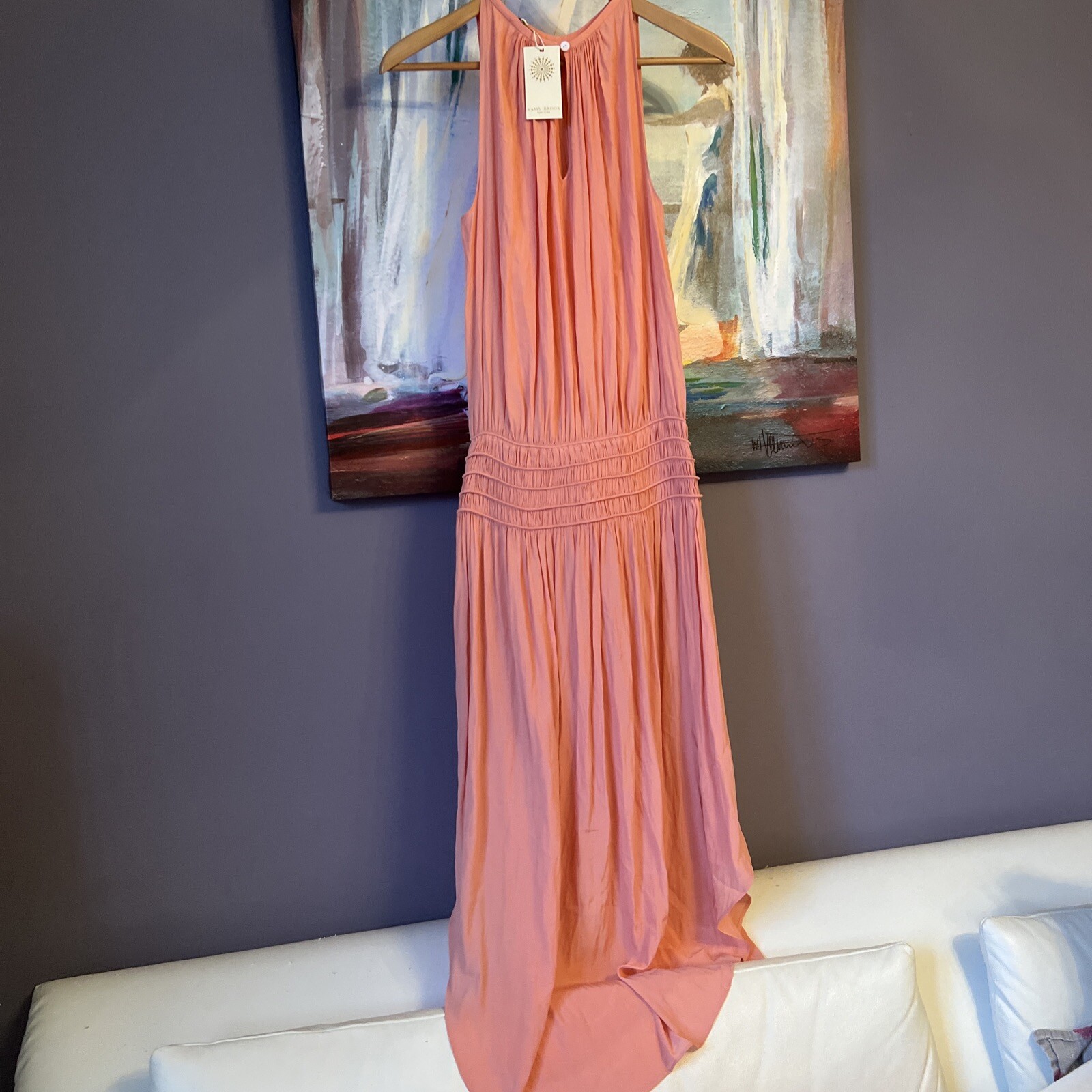 Ramy Brook Audrey Sz S-M Sleeveless Midi Peach Dress Smocked Cinched Waist thumbnail 4