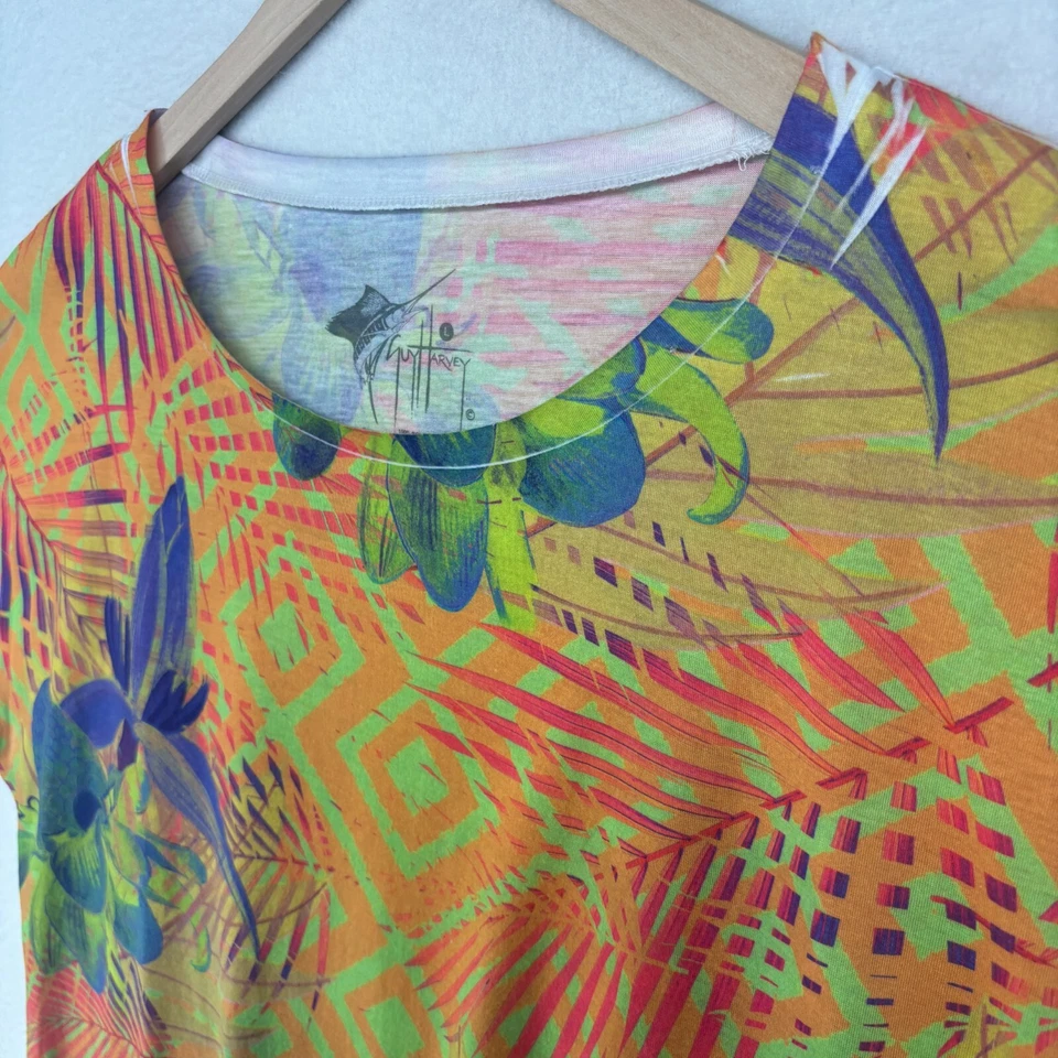 GUY HARVEY Top Womens L Floral Abstract Boxy Dolman Short Sleeve Orange USA - Image 2 of 4