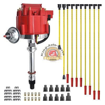 CHEVY 350 SBC CLEAR Super HEI Distributor RED SPARK PLUG WIRES Under Exhaust E