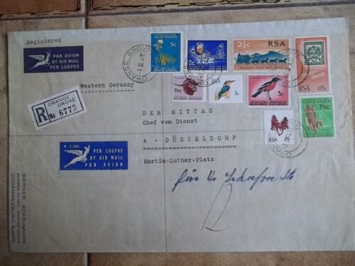 SOUTH AFRICA NICE REGISTERED COVER ORANGE GROVE TO DÜSSELDORF STAMPED BIRDS etc - Picture 1 of 1