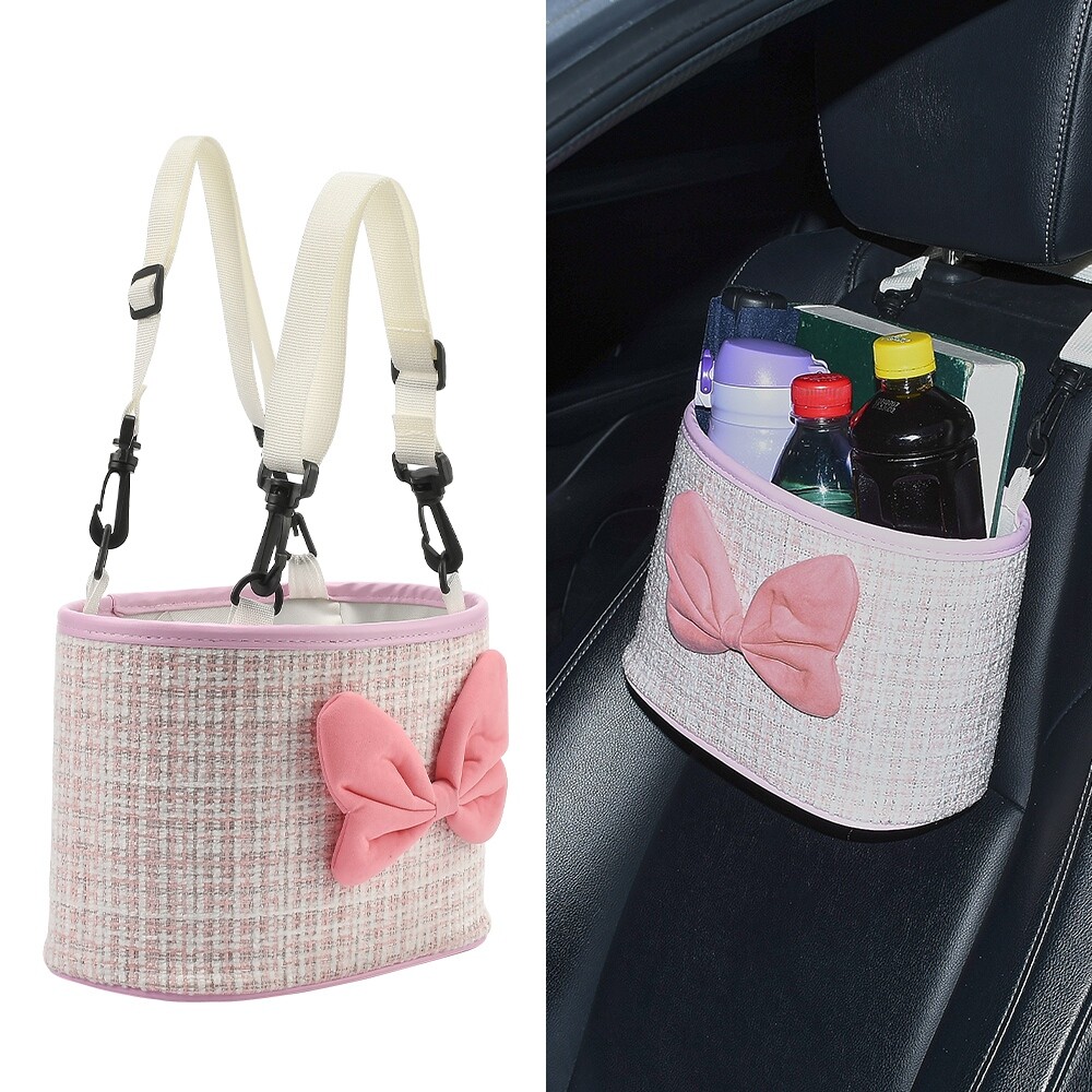 Bolsa organizadora de almacenamiento con lazo rosa 2 en 1 para asiento de coche con respaldo para mujer niña