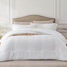 Queen Comforter Set - 3 Pieces Seersucker Lightweight Queen 90'' 90'' White