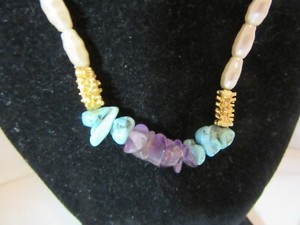 Authentic 28" freshwater pearls turquoise gold plated beads necklace - JC